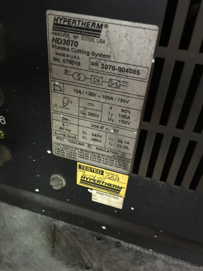 SOURCE ONLY: 100  Amp Hypertherm  HD3070  100 Amp  HyDefinition Plasma Power Source