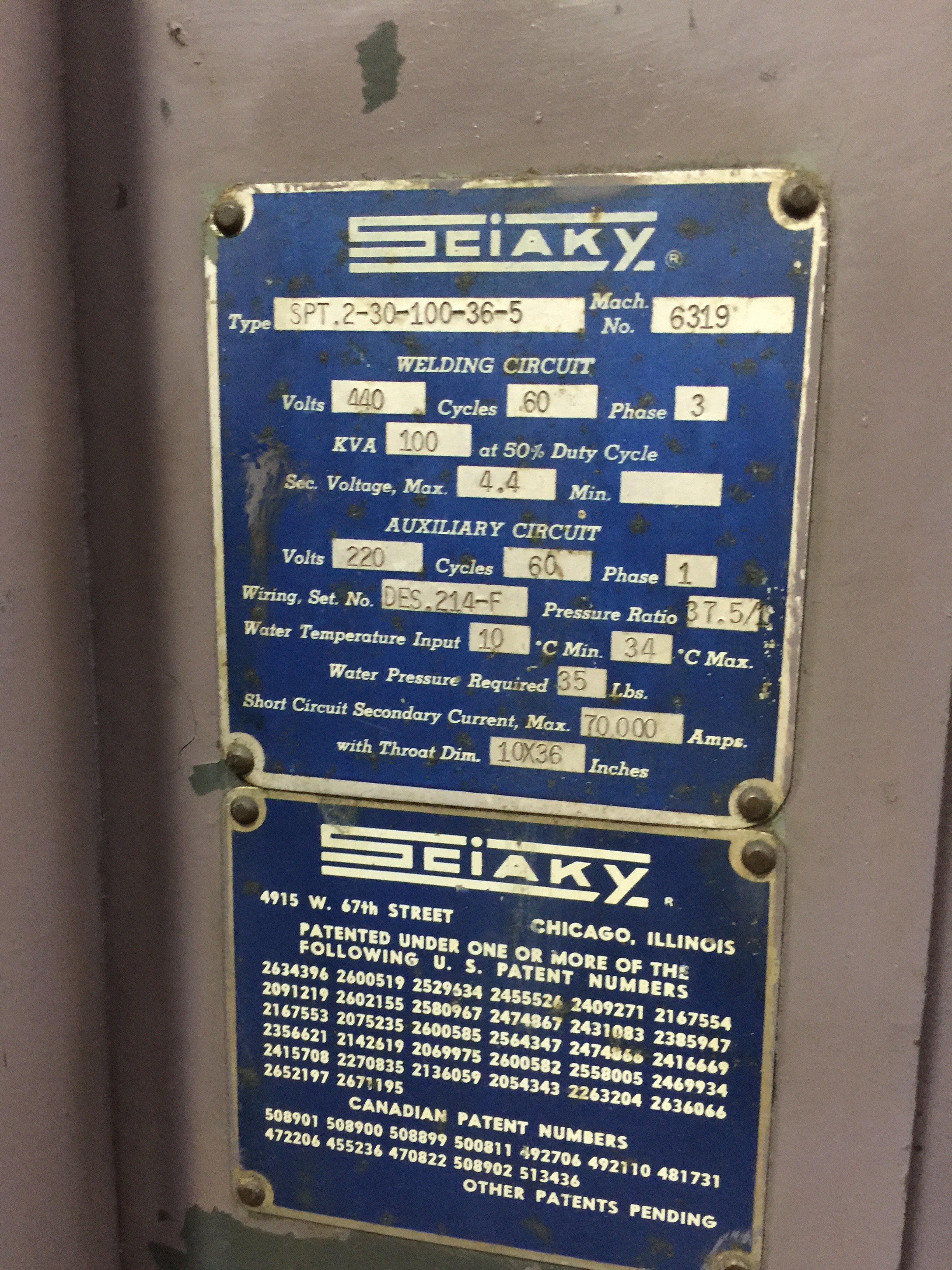100 KVA  Sciaky Model SPT 2-30-100-36-5 100 KVA Spot Welder
